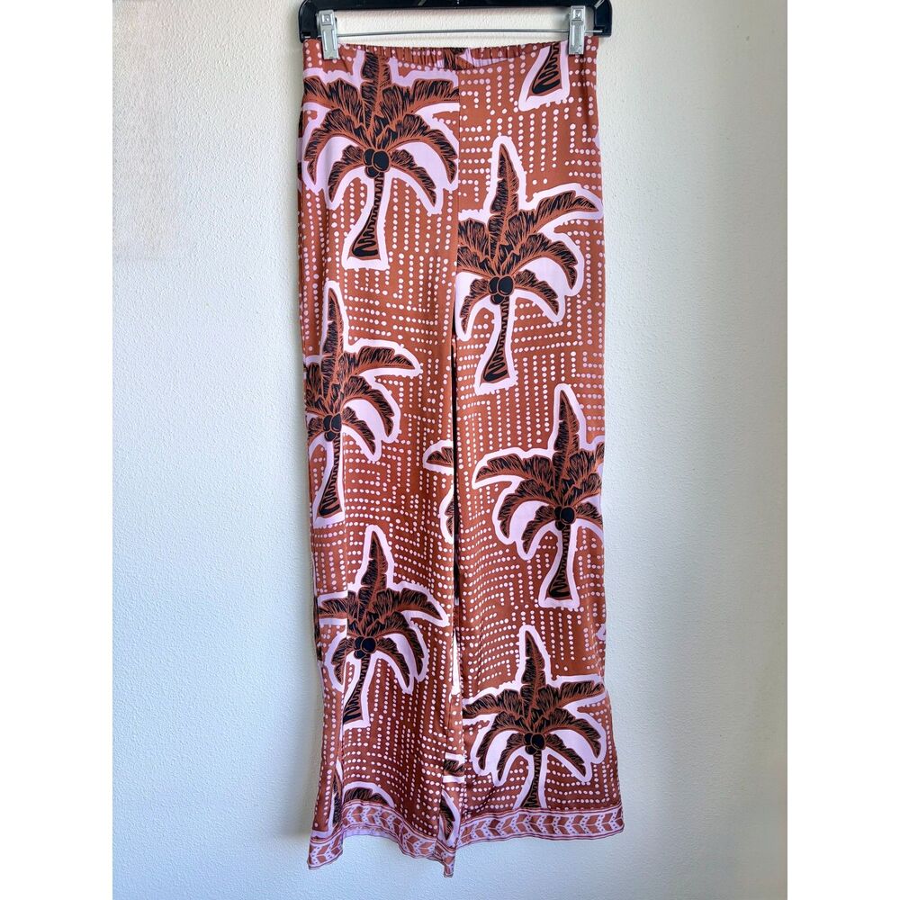 J. JILL Brown Pink Palm Tree Satiny Wide Leg Pull On Palazzo Pants Womens XS